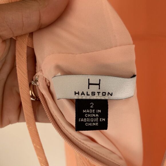 Halston Dress Women 2 Pink Peach Gold Shimmer Flutter Flowy Preppy Wedding $179 - Picture 3 of 10